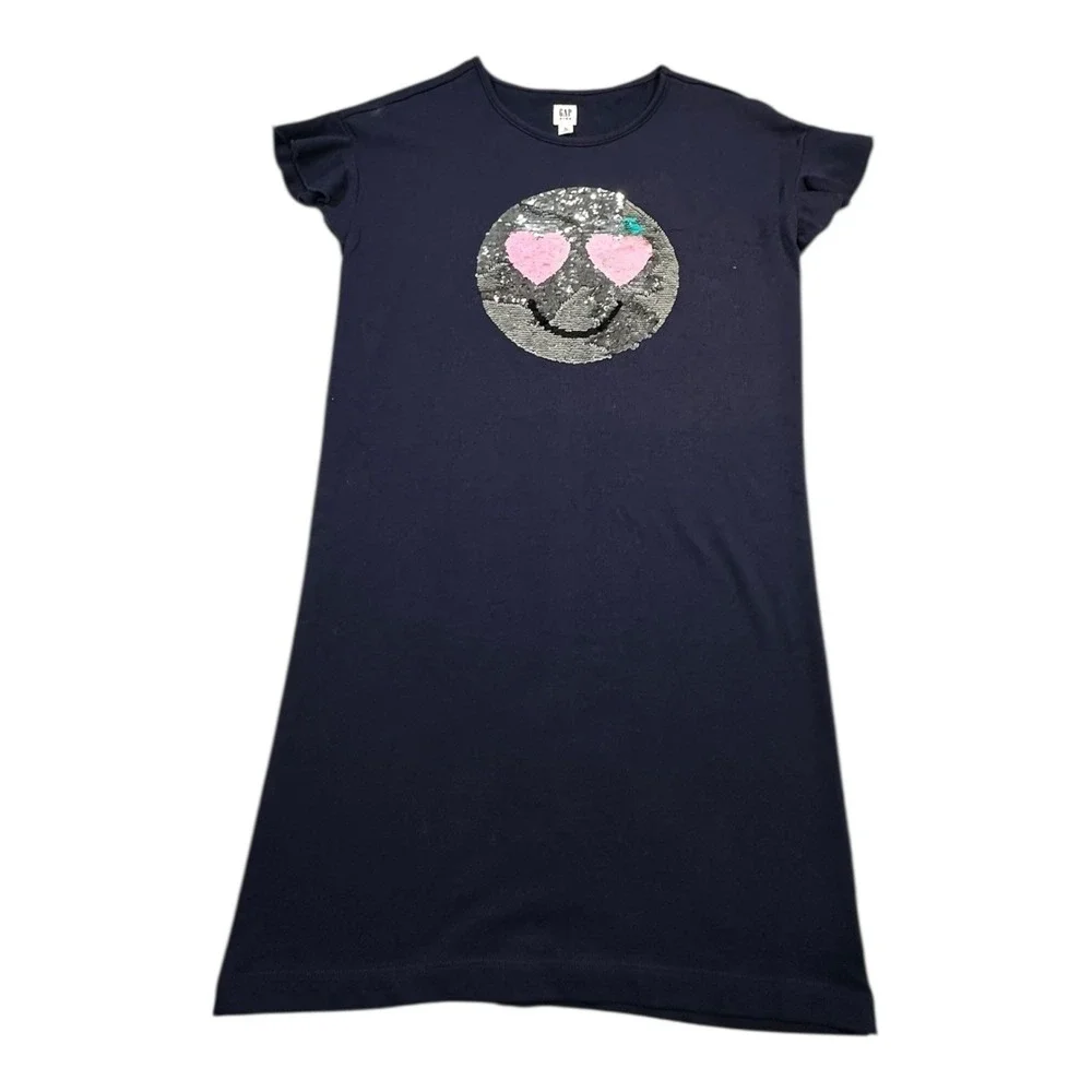 GAP‎ Kids Girls Navy Blue Sequin Smiley Face Ruffle Sleeve Dress XL 12